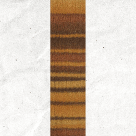 A yarn swatch showing the self striping pattern of the yellow and golden brown tones.
