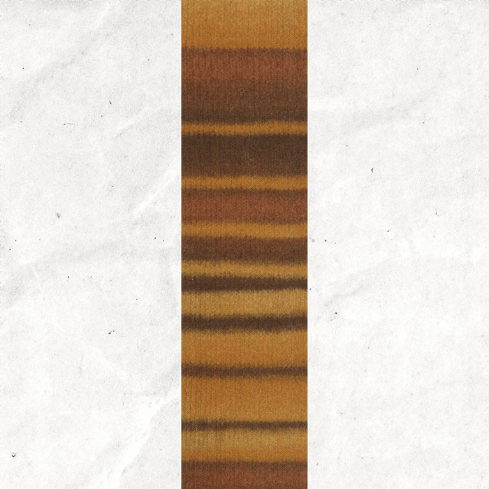 A yarn swatch showing the self striping pattern of the yellow and golden brown tones.