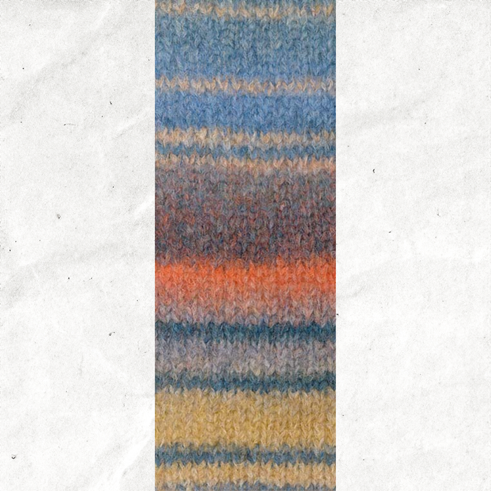 A yarn swatch showing the self striping pattern of the blue, grey, orange, and yellow tones.