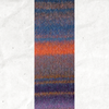 A yarn swatch showing the self striping pattern of the blue, purple, and orange tones.