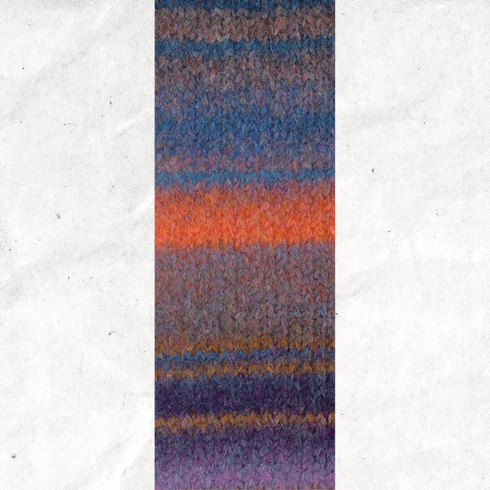 A yarn swatch showing the self striping pattern of the blue, purple, and orange tones.