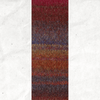A yarn swatch showing the self striping pattern of the red, brown, and purple tones.