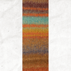 A yarn swatch showing the self striping pattern of the orange, brown, and teal tones.