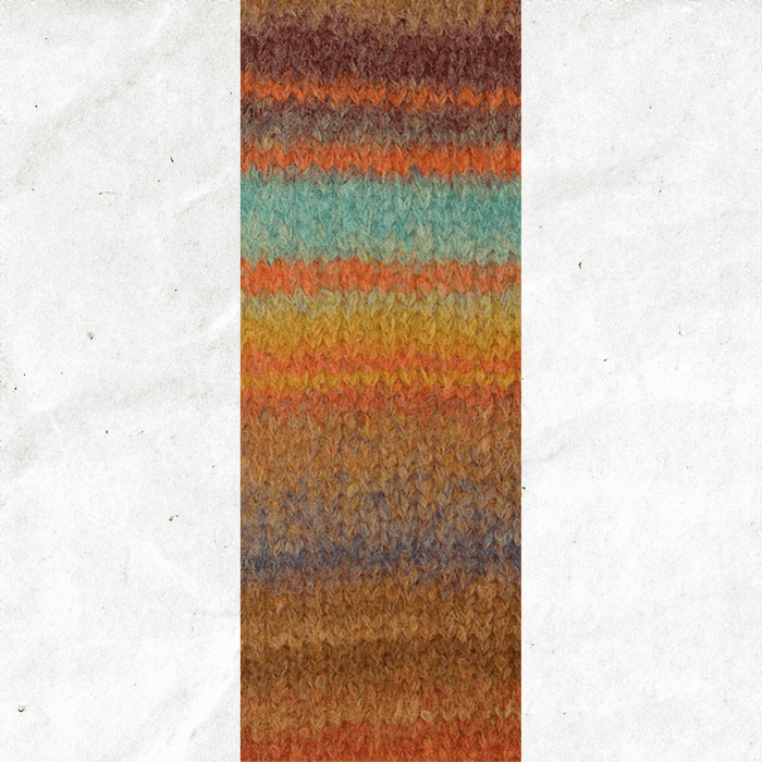 A yarn swatch showing the self striping pattern of the orange, brown, and teal tones.