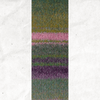 A yarn swatch showing the self striping pattern of the green, purple, and pink tones.