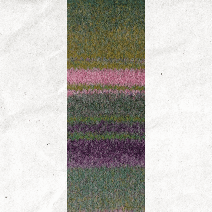 A yarn swatch showing the self striping pattern of the green, purple, and pink tones.