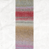 A yarn swatch showing the self striping pattern of the beige, grey, and pink tones.