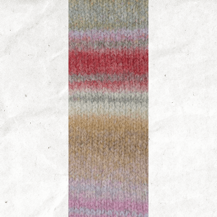 A yarn swatch showing the self striping pattern of the beige, grey, and pink tones.