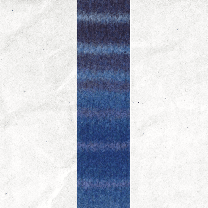 A yarn swatch showing the self striping pattern of the blue and purple tones.