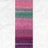 A yarn swatch showing the self striping pattern of the pink, purple, and green tones.