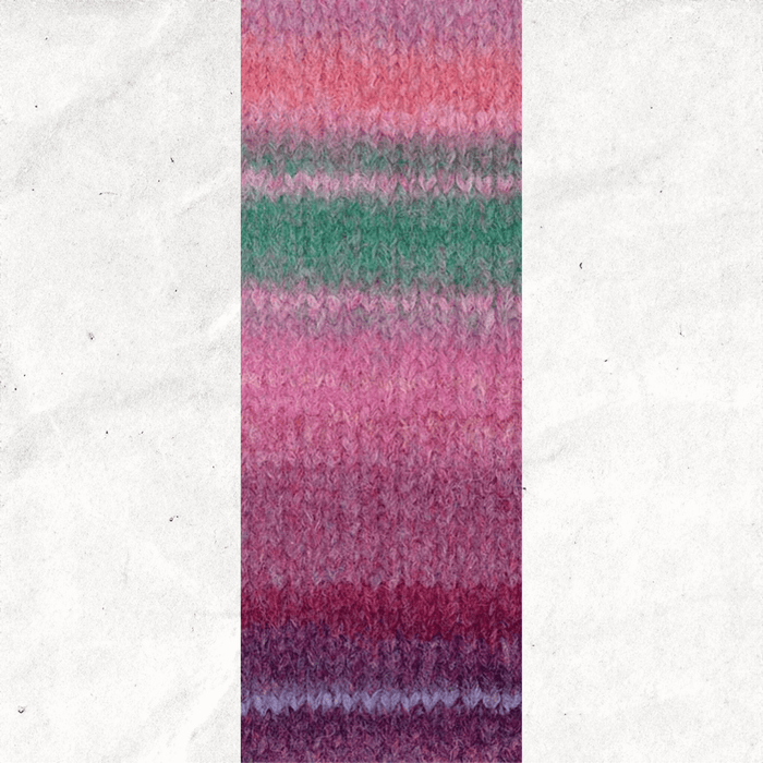 A yarn swatch showing the self striping pattern of the pink, purple, and green tones.