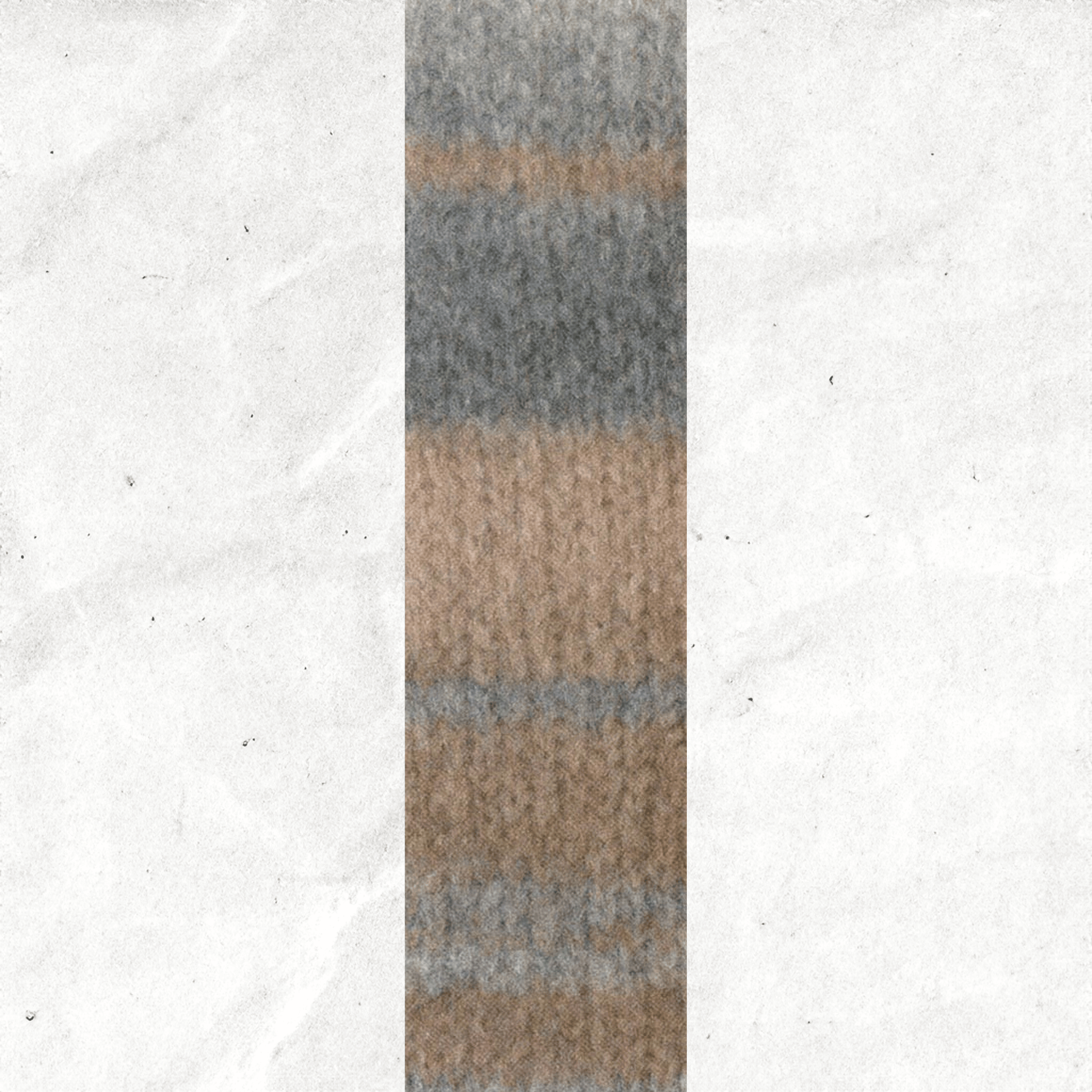 A yarn swatch showing the self striping pattern of the beige and grey tones.