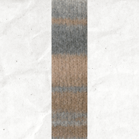 A yarn swatch showing the self striping pattern of the beige and grey tones.
