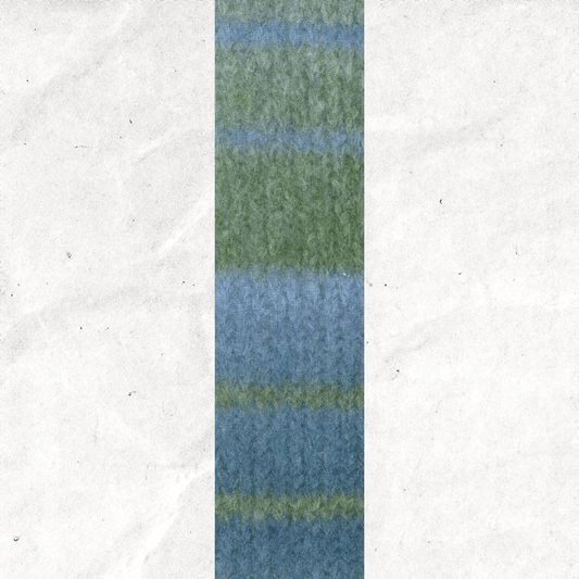 A yarn swatch showing the self striping pattern of the baby blue and light green tones.
