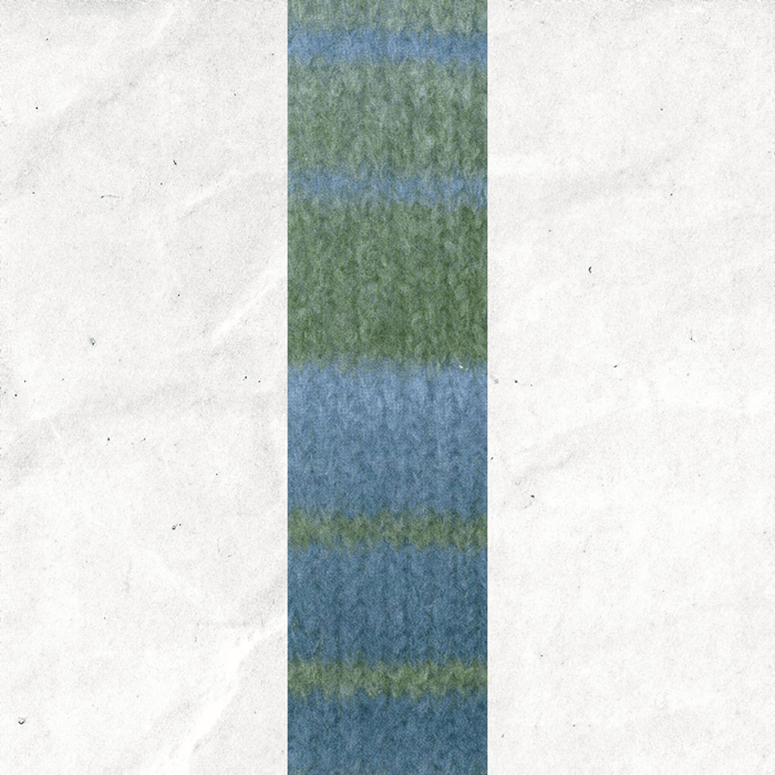 A yarn swatch showing the self striping pattern of the baby blue and light green tones.