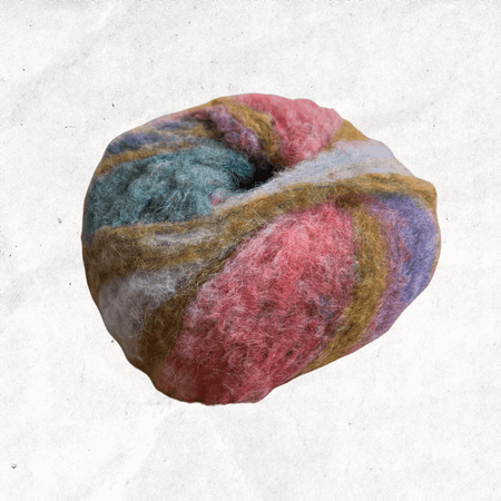 A fluffy ball of yarn with muted rainbow colors.